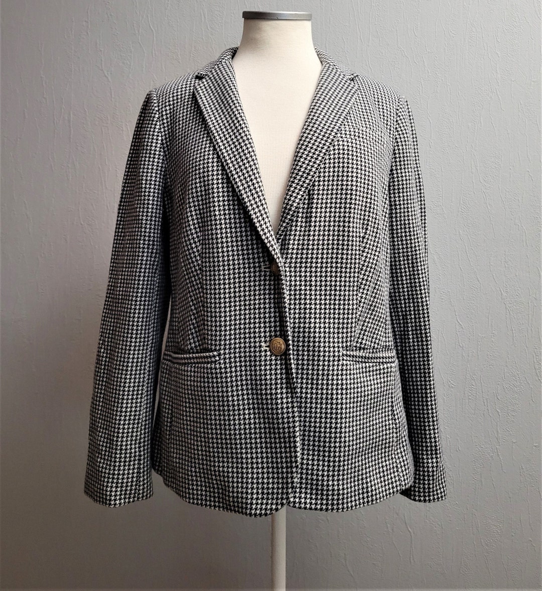 Vintage Women Blazer Houndstooth Black and White Jacket Large Size Button Up Etsy UK