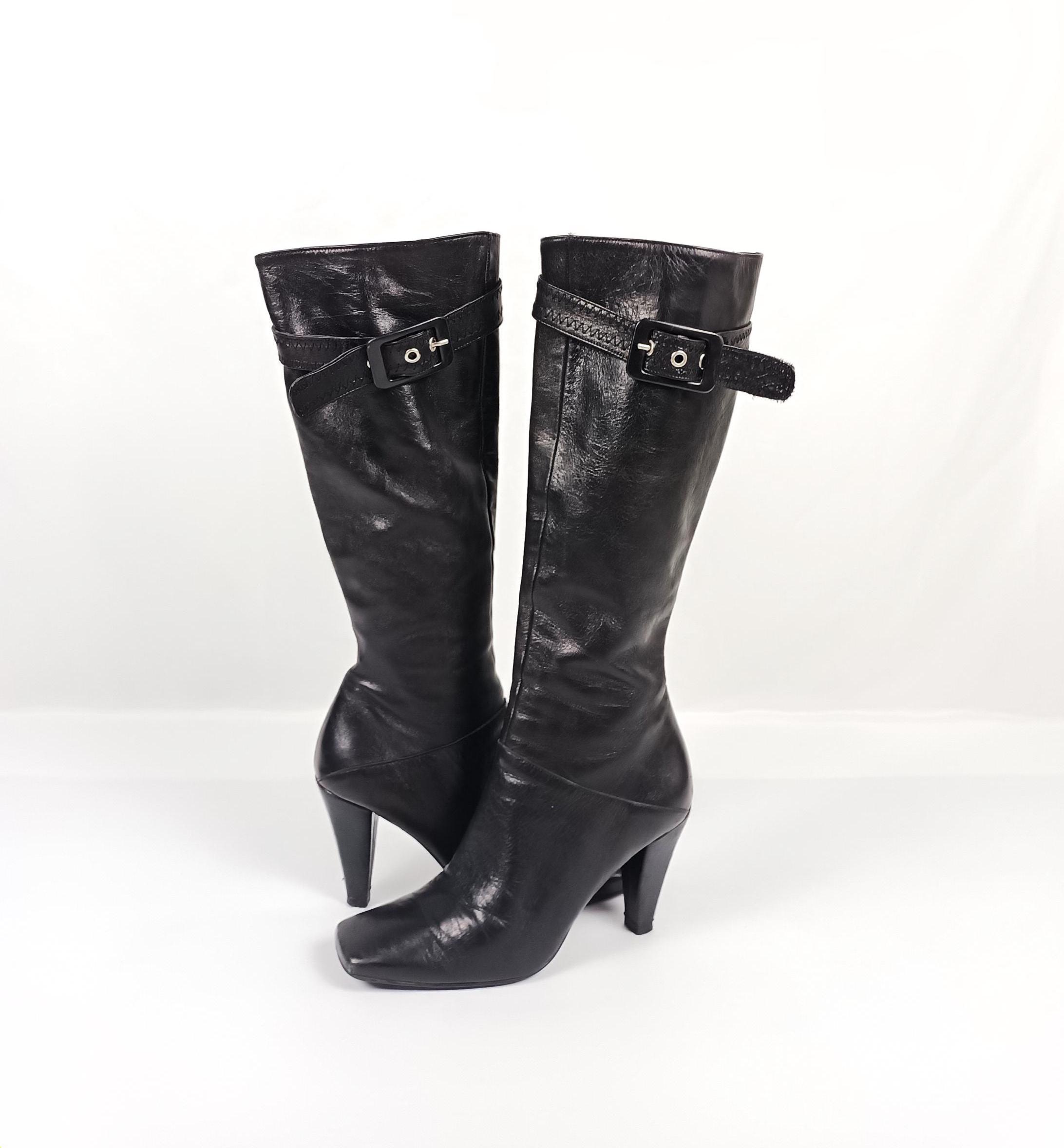 Tsubo High Heel Boots Black Leather Knee Boots Buckle Detail Size 7 Tsubo High Heel Boots Black Leather Knee Boots Buckle Detail  main image 2