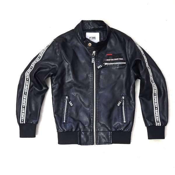 Blouson enfant en cuir vegan Super Boy / Blouson aviateur noir pour motard de course pour enfant / Tenue de sport automobile / Pologne Europe