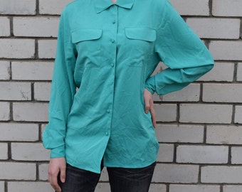 Vintage women green blouse polyester long sleeve button up shirt L size
