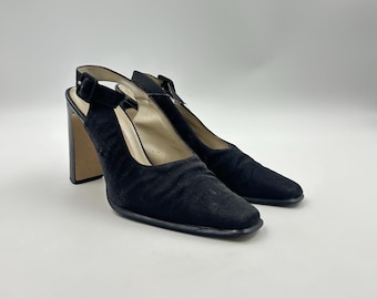 Vintage Black Textile Slingback Pumps: Italian Square Toe Heels, Size 37EU 6US