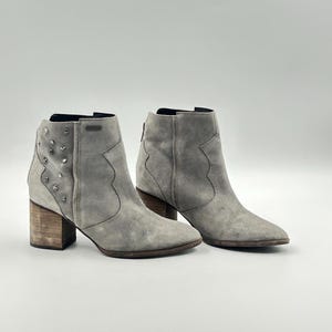 Vintage Gray Suede Ankle Boots: Embellished Block Heel, Size 37EU/6.5US