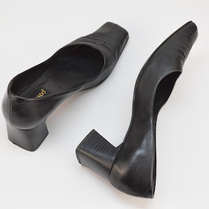 Vintage Black Leather Pumps: Square Toe Block Heel, Size 7.5 US