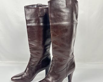 Vintage Brown Leather Knee High Boots: Hugo Boss Cone Heel, Size 7