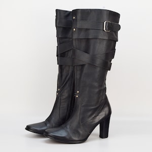 Vintage Black Leather Knee High Boots with Buckles - EU38 US7