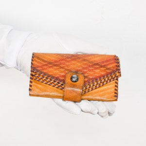 Vintage leren geldportemonnee met reliëf in bruin en oranje | Retro tas met portemonnee van Somdaris | Gemaakt in het USSR-tijdperk