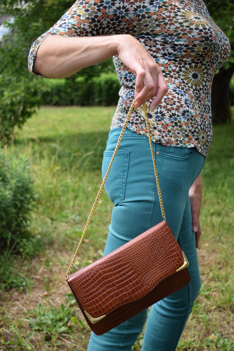 Vintage Retro Brown Purse Croc Shoulder Bag Golden Chain Strap Etsy