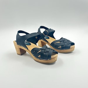 Vintage Black Leather Strappy Sandals: Swedish Wooden Heel Clogs - Size 6.5US
