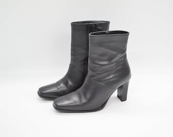 Leather Ankle Boots: Black Square Toe High Heel Booties - US7 / UK5
