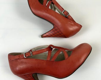 Zapatos de tacón alto con tiras de piel rojo anaranjado: Talla 37 EU, 6 US.