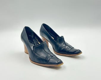 Vintage Black Leather Heeled Loafers: Chunky Heel Pumps, EU 36