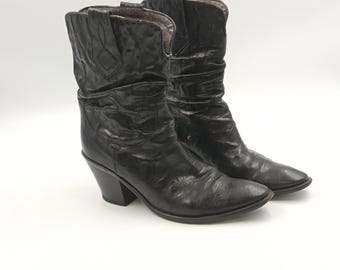 Vintage Black Leather Cowgirl Ankle Boots - Western Block Heel, Size 9.5 US