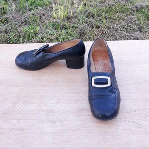 Vintage Black Leather Loafers: Chunky Heel Buckle Shoes, UK5 EU38