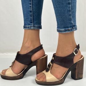 Boho T-Strap Platform Sandals: Brown Leather Block Heels, Size 39EU/8US
