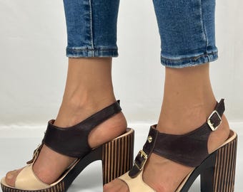 Boho T-Strap Platform Sandals: Brown Leather Block Heels, Size 39EU/8US