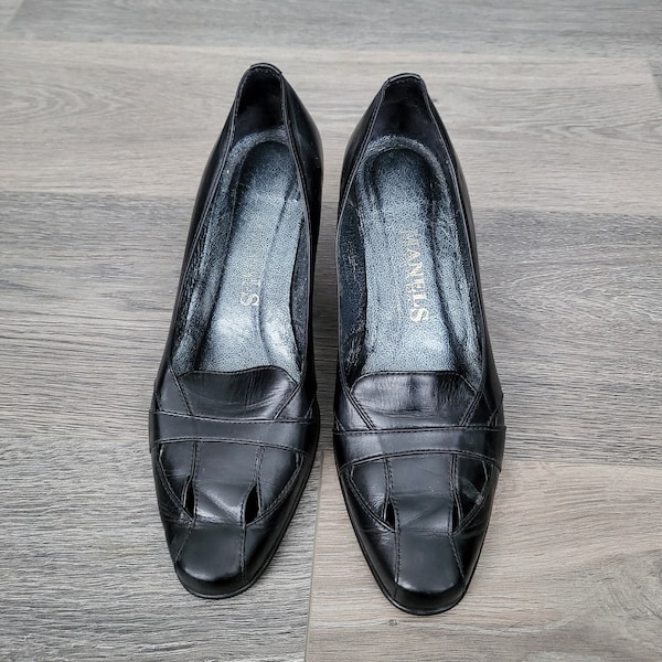vintage leather black cone heel pumps / women shoes almond toes / perforated loafers size 41 EU made in Latvia