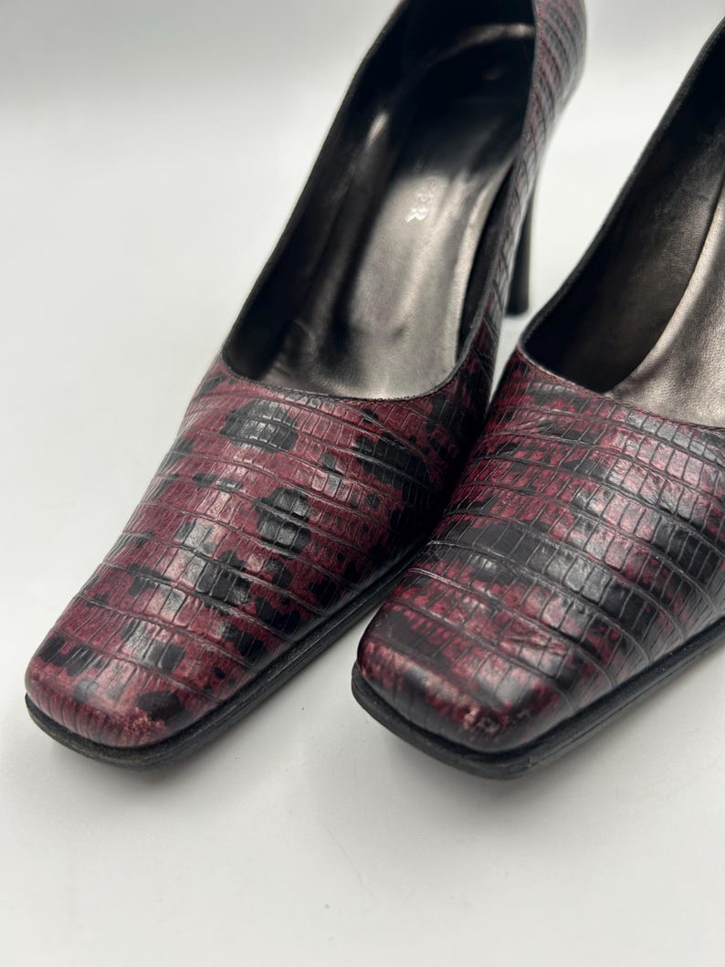 Vintage Marbled Purple Leather Pumps: Square Toe Croc Shoes 38 EU, Made in Italy image 3