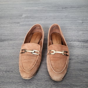 vintage tan brown suede leather women flat shoes Size EU 40 buckle wide loafers Tamaris european image 3