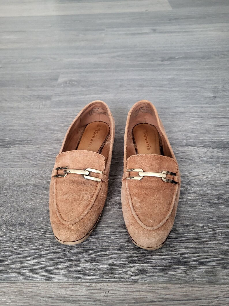 vintage tan brown suede leather women flat shoes Size EU 40 buckle wide loafers Tamaris european image 3