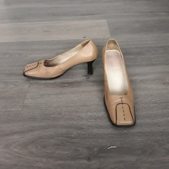 Vintage leer bruin bruin pumps vierkante teen blok hak Vrouwen - Etsy  Nederland