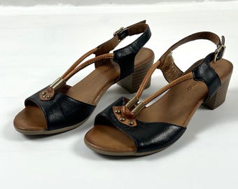 Leather Black With Brown Sandals, Women Block Heels size 37.5EU 6.5US