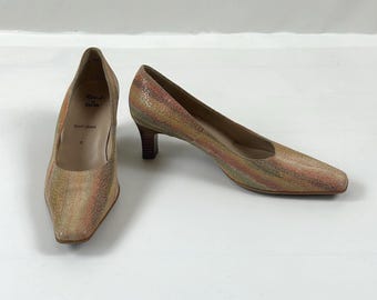 Vintage Multicolor Shoes 39EU 8US, Square Toe and Chunky Heels Leather Pumps