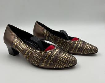 Vintage Woven Leather Loafers: German Block Heel Pumps, Size 39EU/8US
