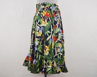 Gonna midi vintage in cotone floreale Zara: orlo a balze multicolore, taglia L