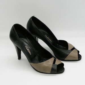 Vintage Charles Jourdan Leder Peep Toe Pumps, Schwarz&Grau, Grösse 37EU