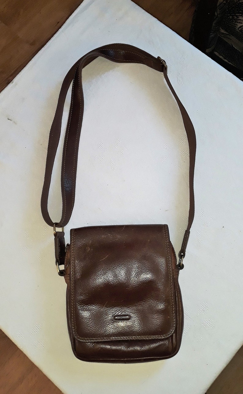 Vintage cognac brown leather men crossbody bag Katana Paris France French high quality messenger bag many compartments european unisex purse