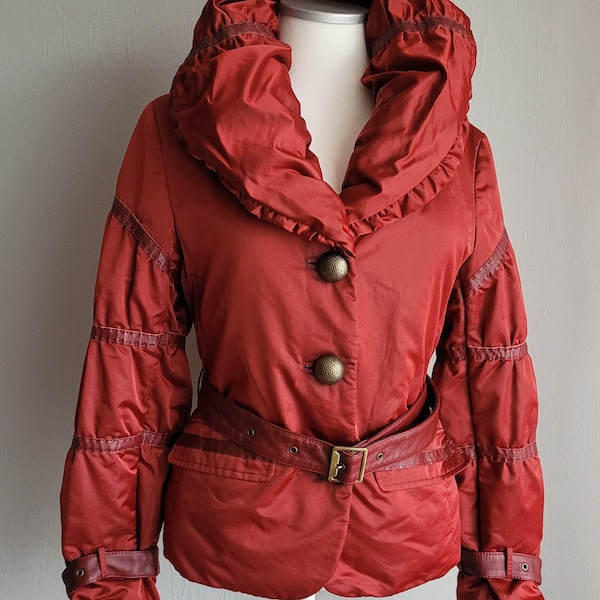 Vintage Buttoned Jacket in Red | Two Front Pockets Coat with Belt and Buckles for Women | Size EU 42 | Basic Editions