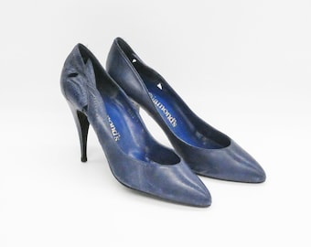 Vintage Perforated Leather Stiletto Pumps: Dark Blue Pointy Toe Heels, EU39