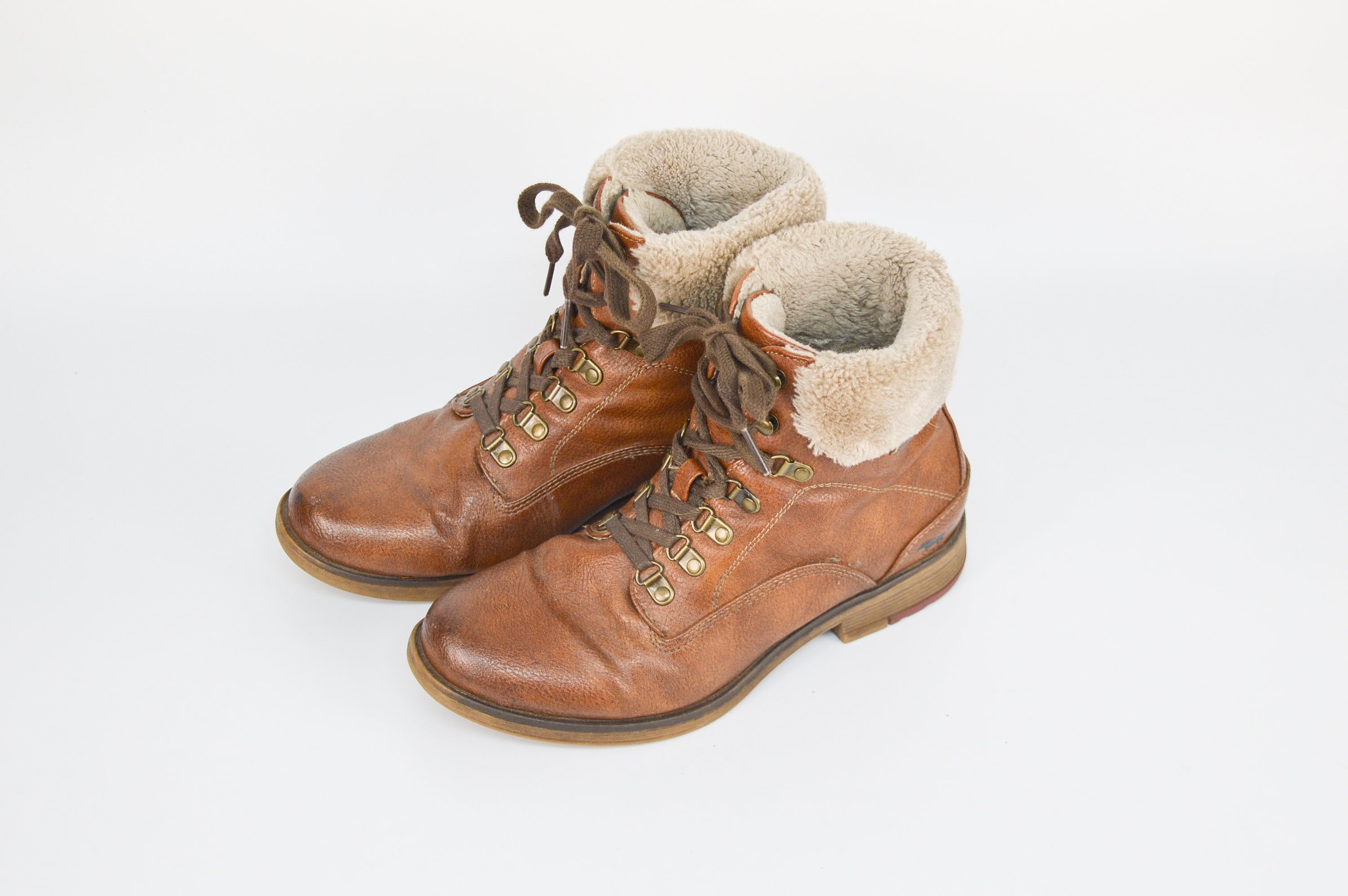 Leather Ankle Combat Boots: Cognac Brown Faux Fur Lined, EU 