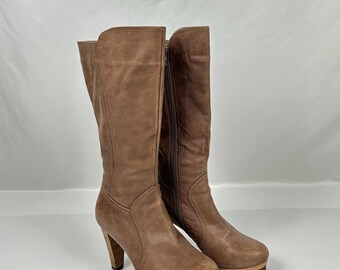 Cappuccino Leather Platform Boots: Chunky Heel, Round Toe (EU 37.5/US 6.5)