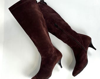 Botas vintage de ante marrón hasta la rodilla: piel italiana, tacón bajo, talla 39