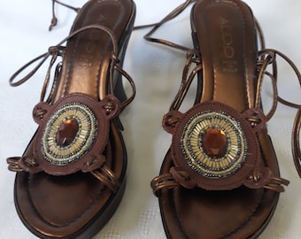 vintage brown leather platform lace up sandals Women gemstone beaded Italy shoes Size 36 EU