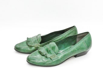 Vintage emerald green leather women penny loafers flat shoes moccasin / EU 36 / Claudia / Made in Italy