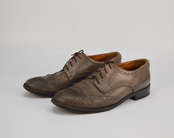 Vintage Leather Brogue Dress Shoes - Taupe Wingtip Oxfords, EU 40