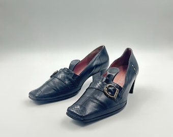 Vintage Black Leather Loafers: Croc Embossed Square Toe Pumps, EU 38