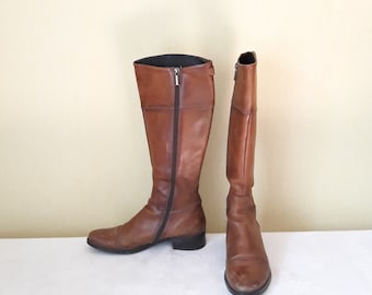 vintage cognac brown leather women knee boots flat bootleg 37 EU size made in Italy