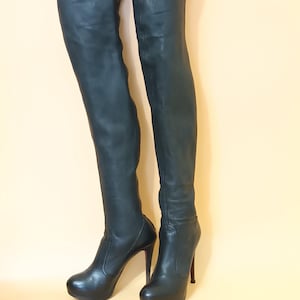 Vintage leren overknee hoge zwarte platformlaarzen voor dames naaldhakken maat 36EU 5.5US door Baldan Made in Italy