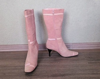 rosa Veloursleder Damen Kalbsstiefel mit Absatz 37 EU Größe European