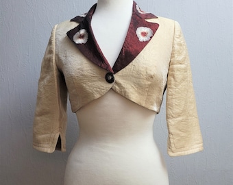 Vintage women floral beige bolero, short crop glossy 90s blazer / XS petite size / European jacket Poland