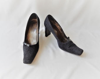 Vintage Sergio Rossi Velour Pumps: Gray Square Toe Heels, Made in Italy (US 6.5)