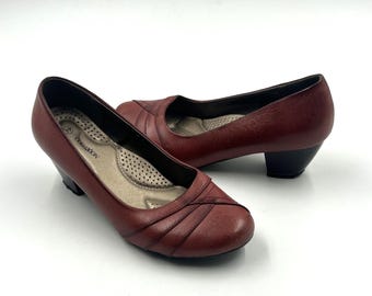 Leather Red Women Pumps, Block Heels Shoes Size 39EU 8US