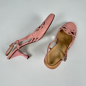 Vintage Pale Pink Leather Sandals: Woven Slingback Strappy Heels, Size 8.5US