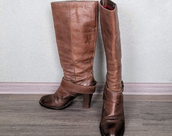 vintage brown leather slouch knee strappy boots / Women Size EU 40 / pull on footwear / Bronx Netherland