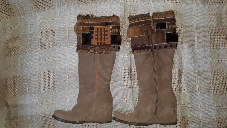 vintage beige suede leather girls knee boots fur bootleg 35 size EU image 6