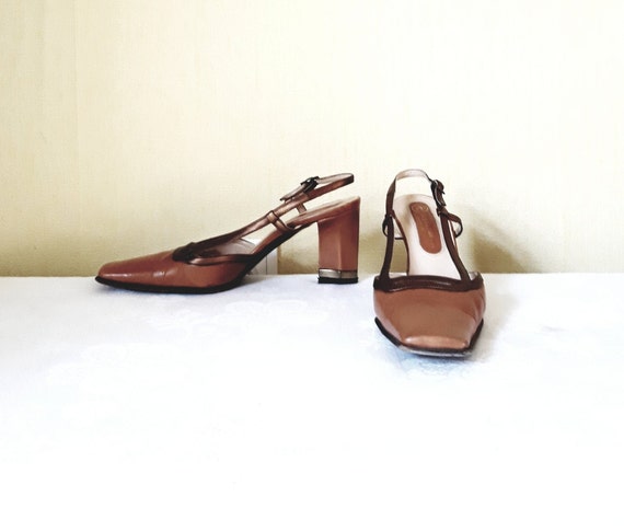 Vintage Brown Leather Women Slingback Shoes Square Toes Block - Etsy Canada