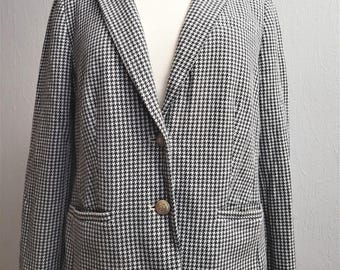 Vintage Frauen Blazer Hahnentritt Muster, Schwarz Weiß Button up Jacket L size